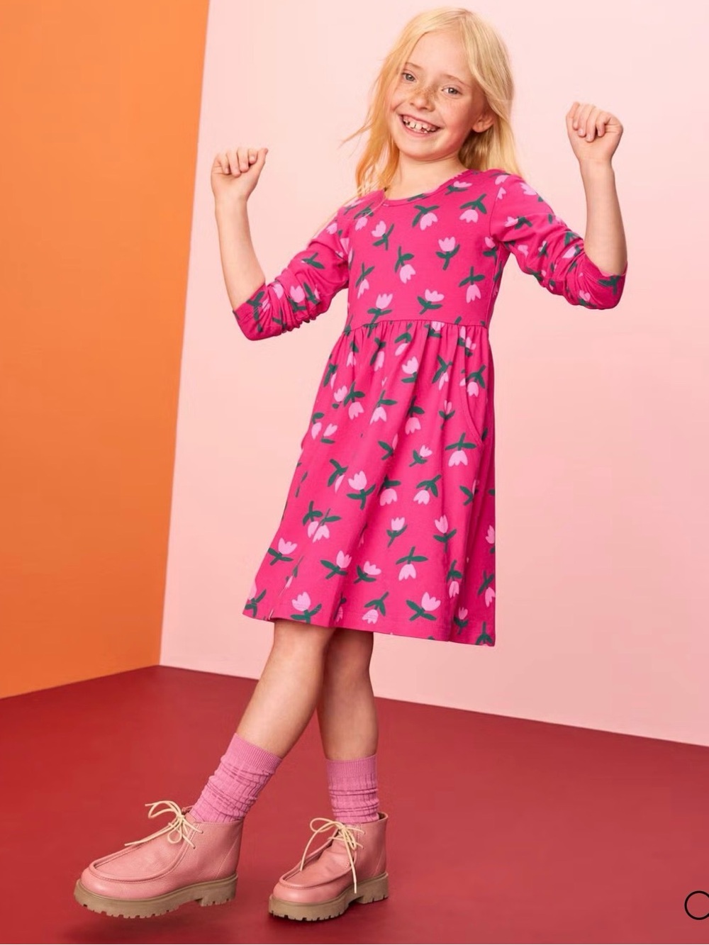 Hanna Andersson Bright Pink Floral Long-Sleeve Knit Dress NWT